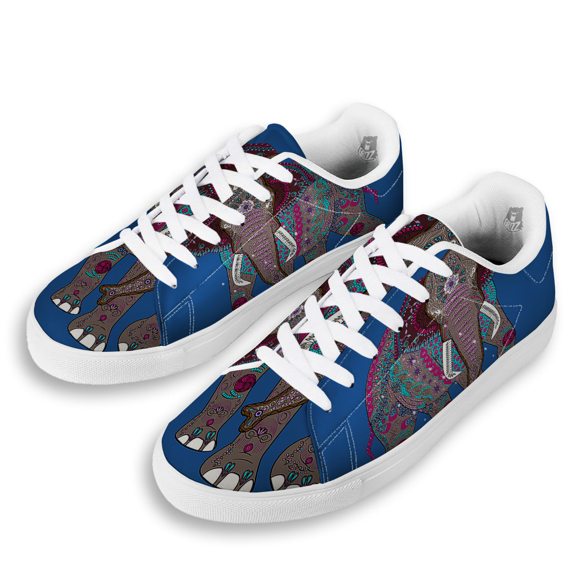Tribal Elephant Indian Cute Print White Low Top Sneakers-grizzshop