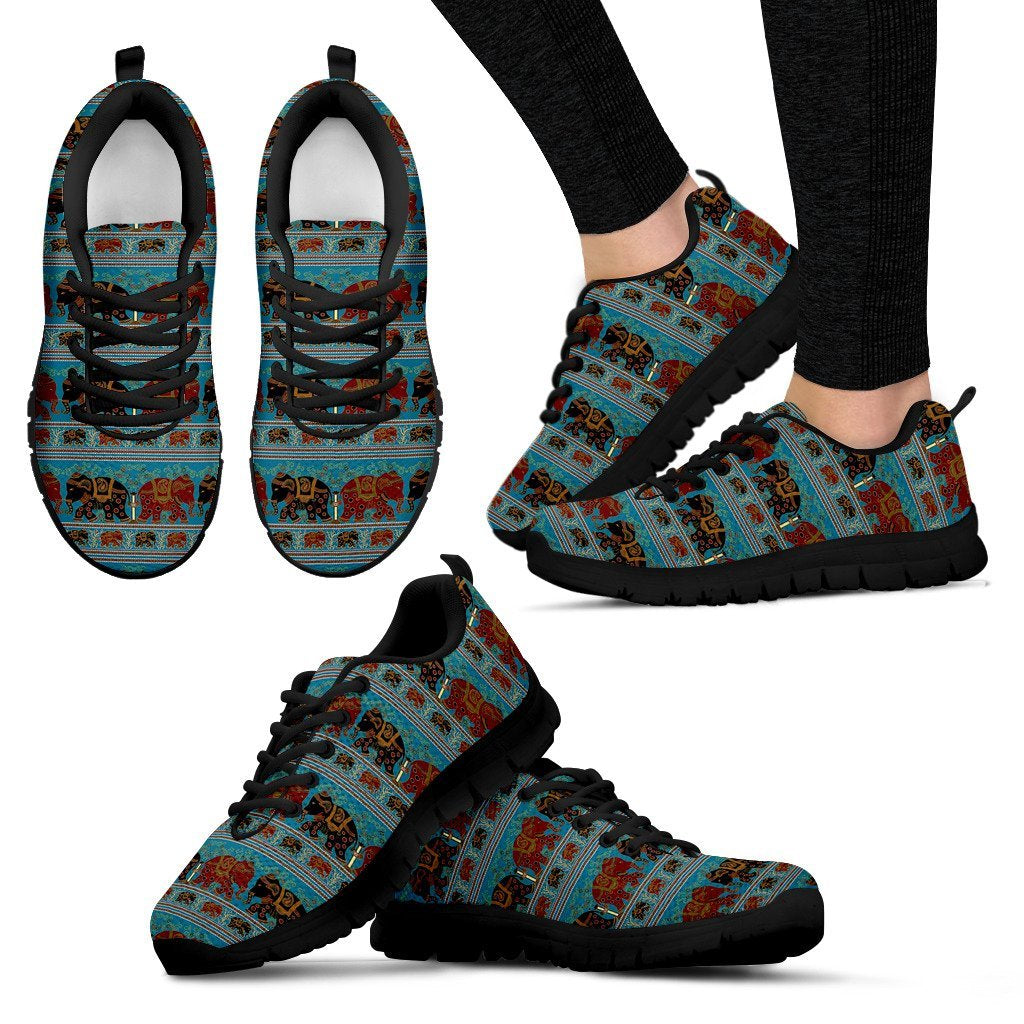 Tribal Elephant Print Black Sneaker Shoes For Men Women-grizzshop