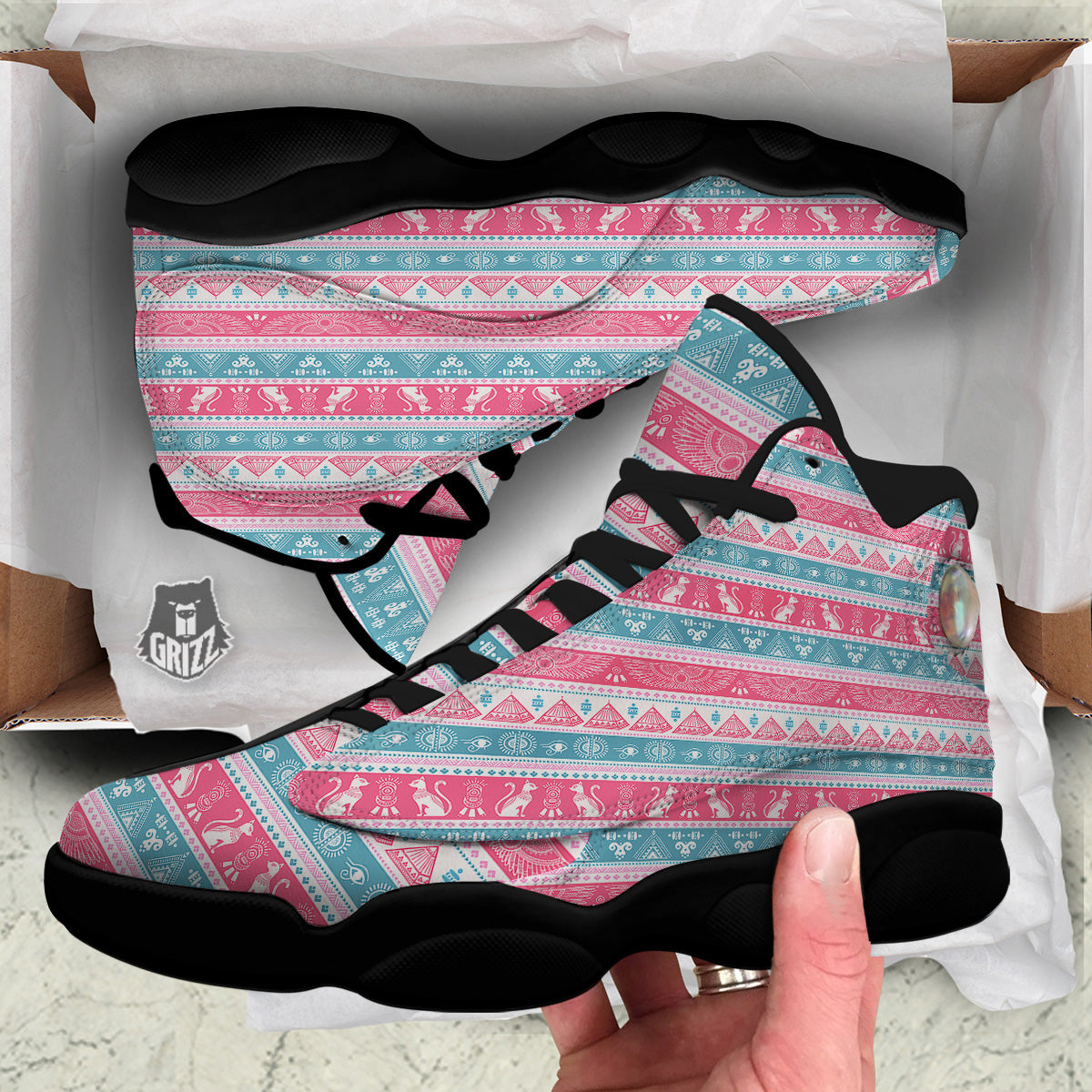 Tribal Ethnic Pink Blue Egypt Print Pattern Black Basketball Shoes-grizzshop