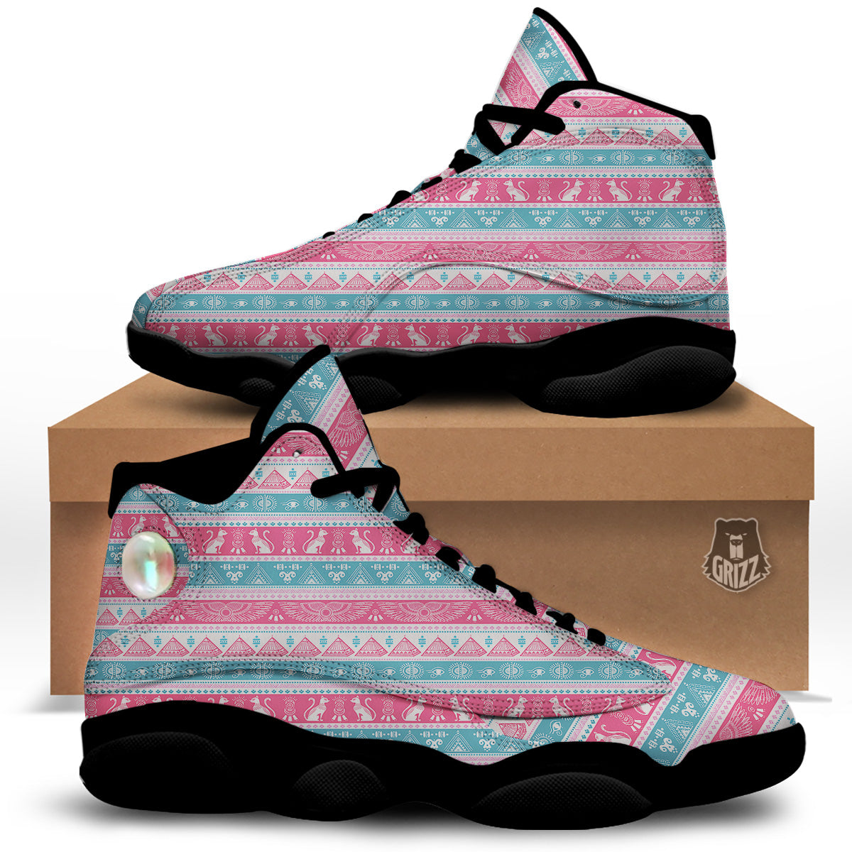 Tribal Ethnic Pink Blue Egypt Print Pattern Black Basketball Shoes-grizzshop