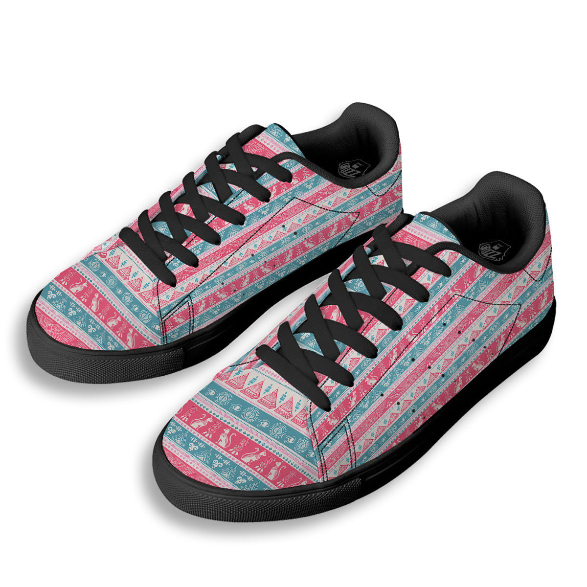 Tribal Ethnic Pink Blue Egypt Print Pattern Black Low Top Sneakers-grizzshop