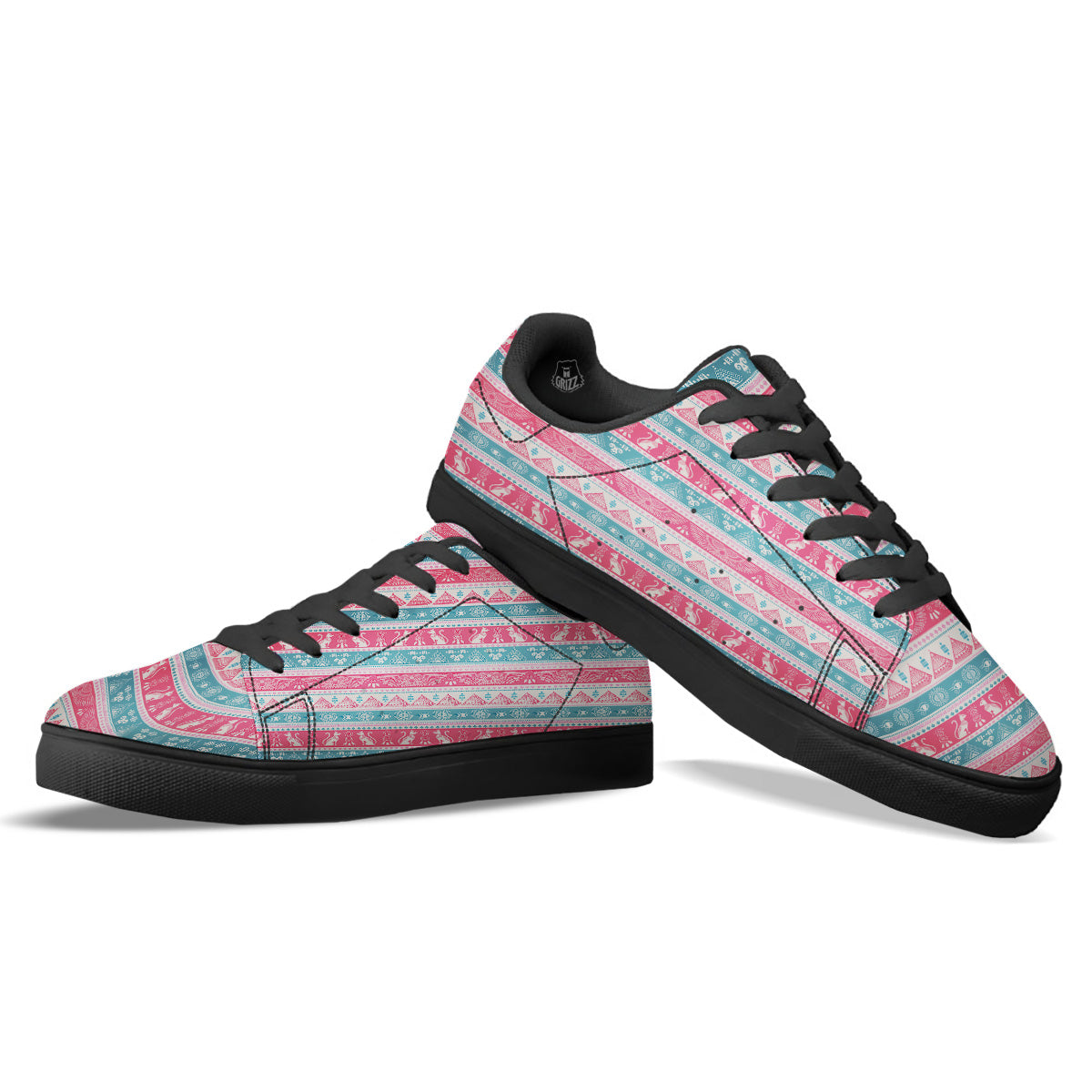 Tribal Ethnic Pink Blue Egypt Print Pattern Black Low Top Sneakers-grizzshop