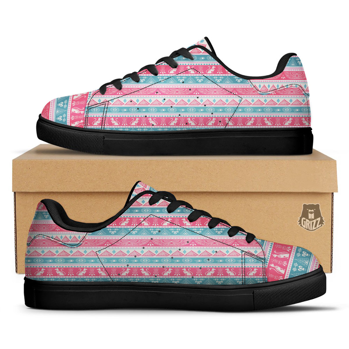 Tribal Ethnic Pink Blue Egypt Print Pattern Black Low Top Sneakers-grizzshop