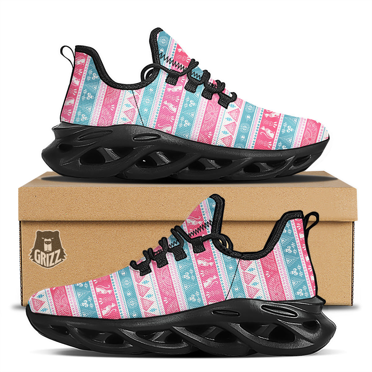 Tribal Ethnic Pink Blue Egypt Print Pattern Black Running Shoes-grizzshop