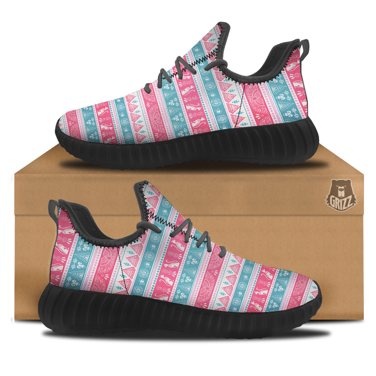 Tribal Ethnic Pink Blue Egypt Print Pattern Black Walking Shoes-grizzshop