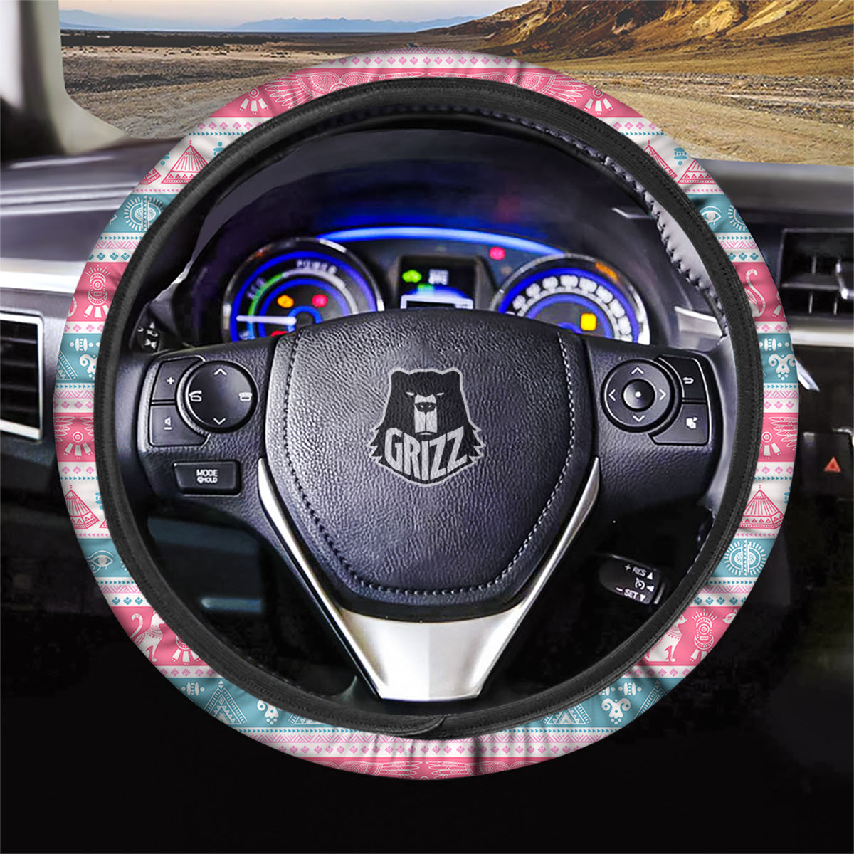 Tribal Ethnic Pink Blue Egypt Print Pattern Car Steering Wheel Cover-grizzshop