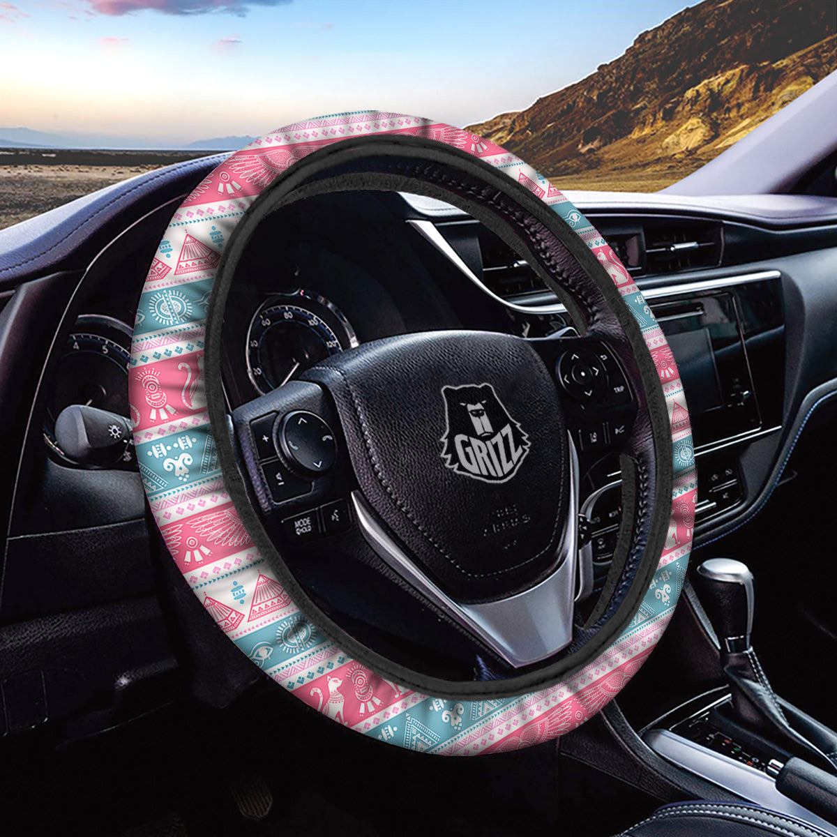 Tribal Ethnic Pink Blue Egypt Print Pattern Car Steering Wheel Cover-grizzshop