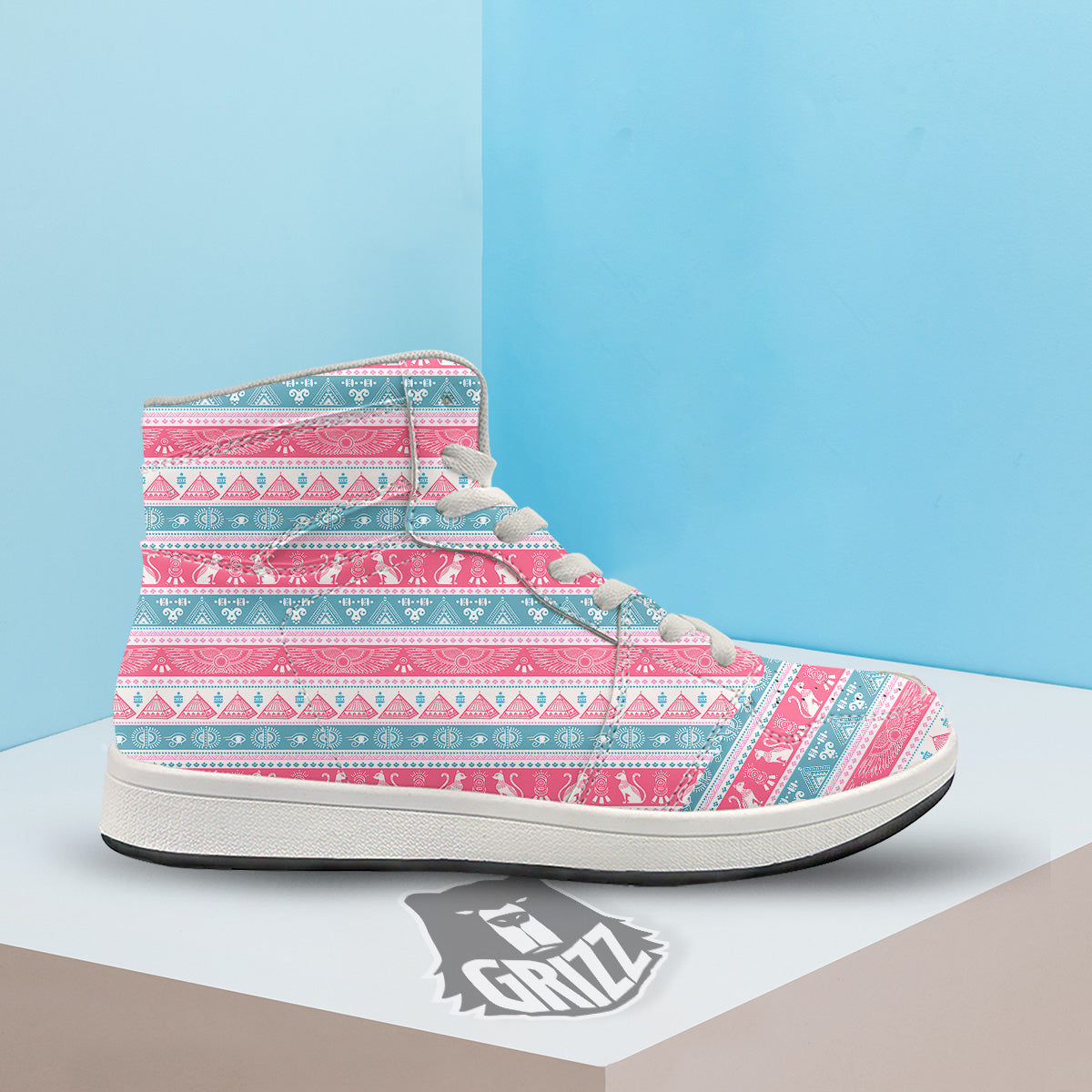Tribal Ethnic Pink Blue Egypt Print Pattern High Top Sneakers-grizzshop