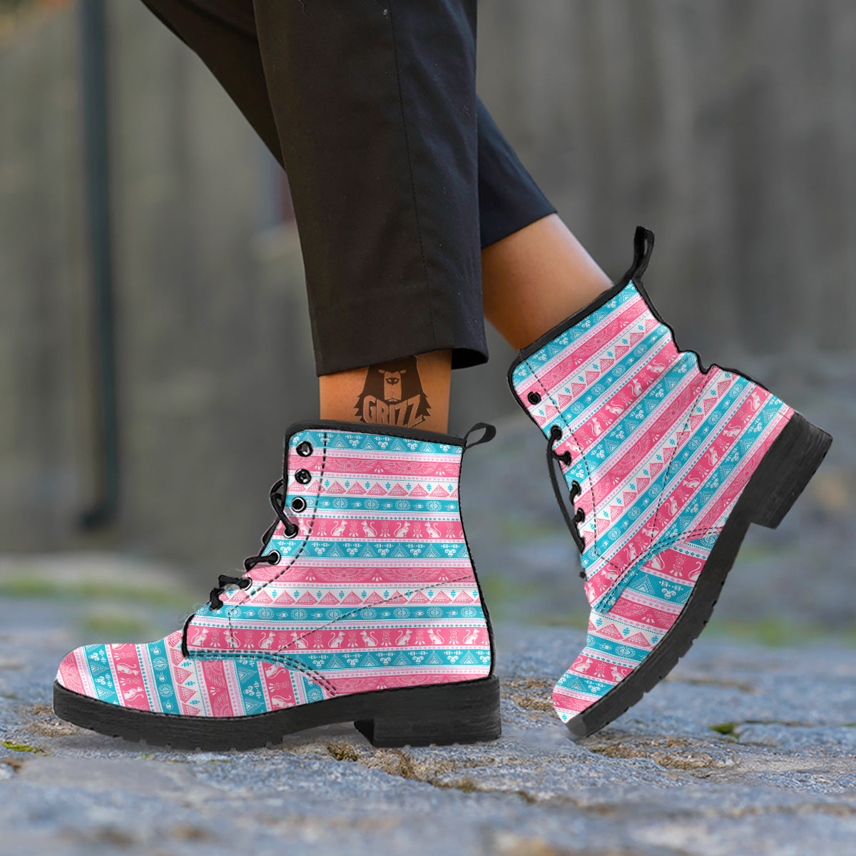 Tribal Ethnic Pink Blue Egypt Print Pattern Leather Boots-grizzshop