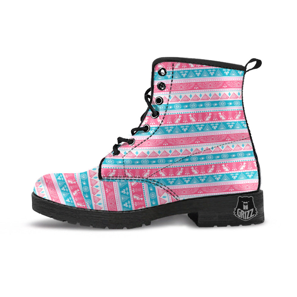 Tribal Ethnic Pink Blue Egypt Print Pattern Leather Boots-grizzshop