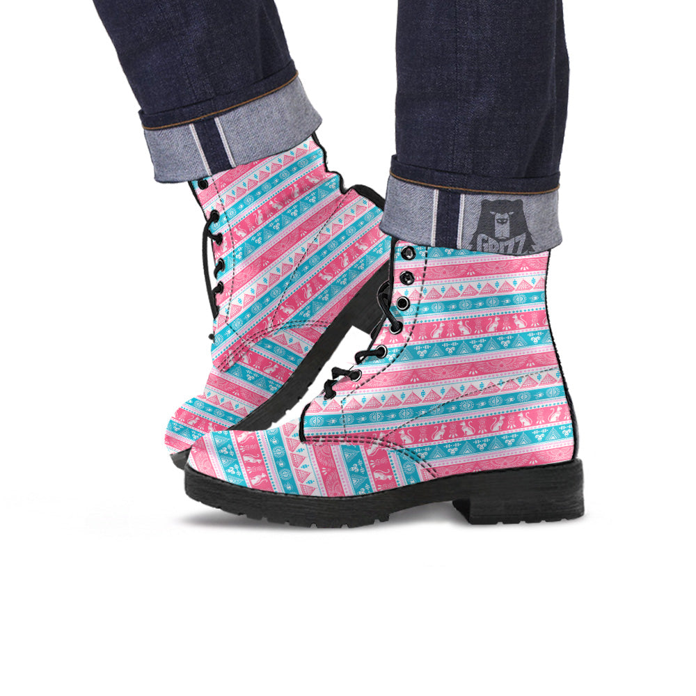 Tribal Ethnic Pink Blue Egypt Print Pattern Leather Boots-grizzshop