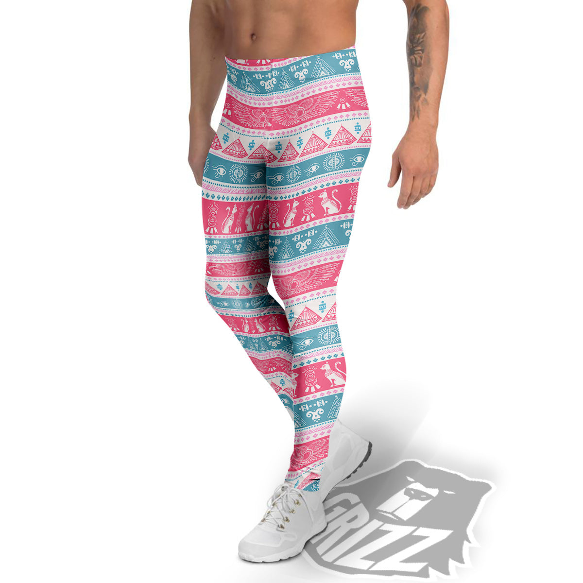 Tribal Ethnic Pink Blue Egypt Print Pattern Men's Leggings-grizzshop