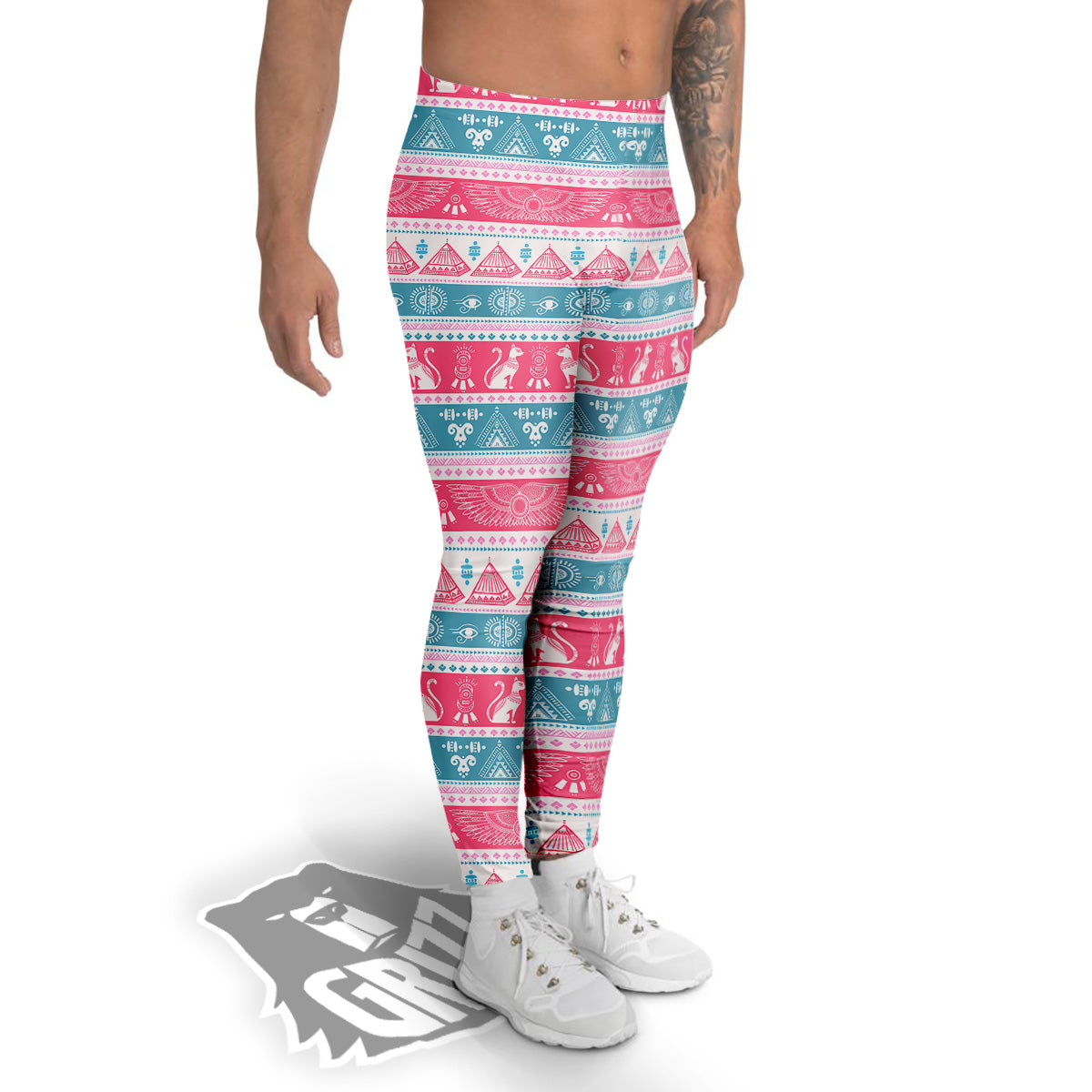 Tribal Ethnic Pink Blue Egypt Print Pattern Men's Leggings-grizzshop