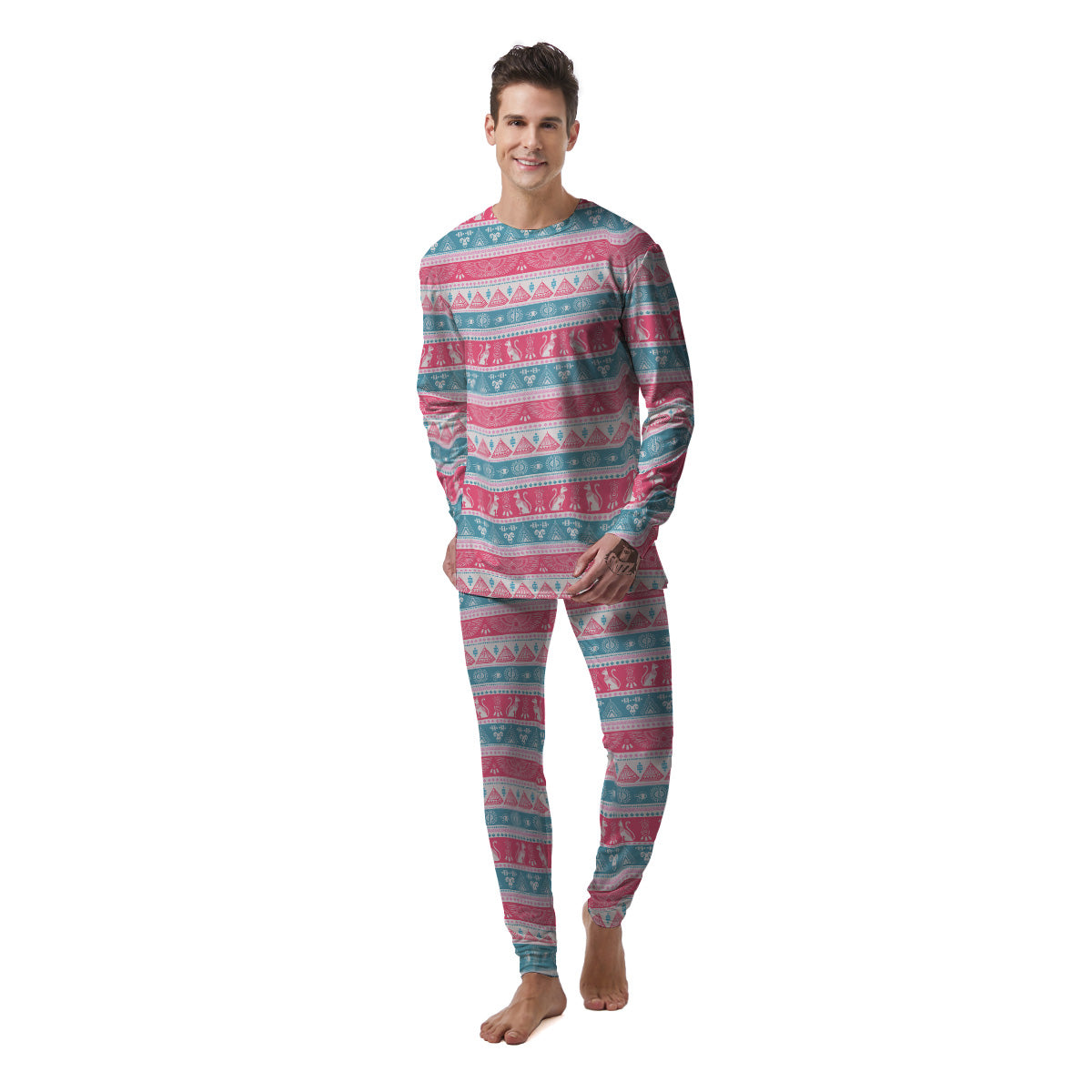 Tribal Ethnic Pink Blue Egypt Print Pattern Men's Pajamas-grizzshop