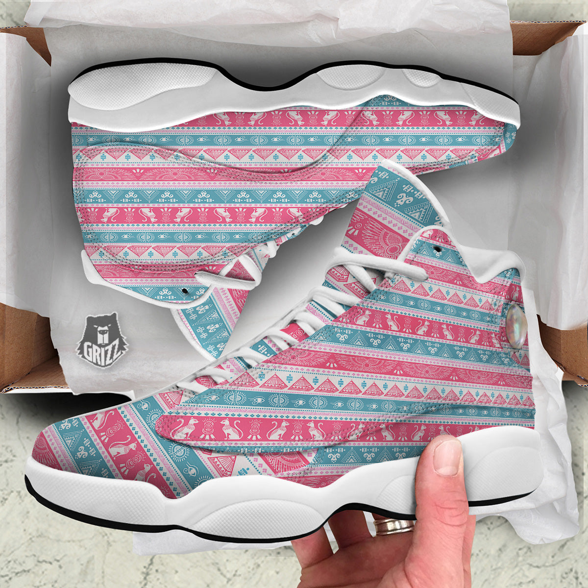 Tribal Ethnic Pink Blue Egypt Print Pattern White Basketball Shoes-grizzshop
