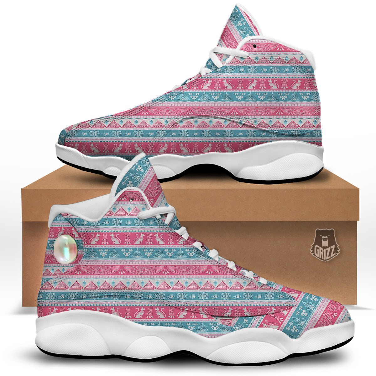 Tribal Ethnic Pink Blue Egypt Print Pattern White Basketball Shoes-grizzshop