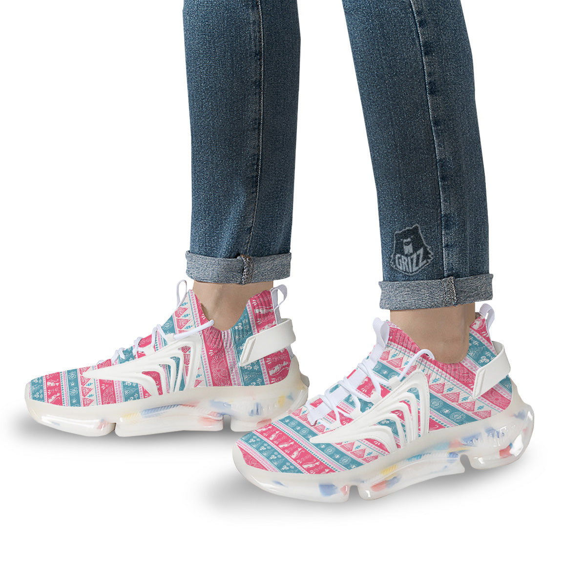 Tribal Ethnic Pink Blue Egypt Print Pattern White Gym Shoes-grizzshop