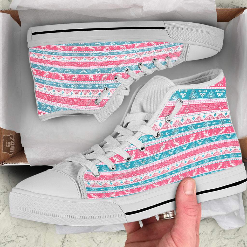 Tribal Ethnic Pink Blue Egypt Print Pattern White High Top Shoes-grizzshop