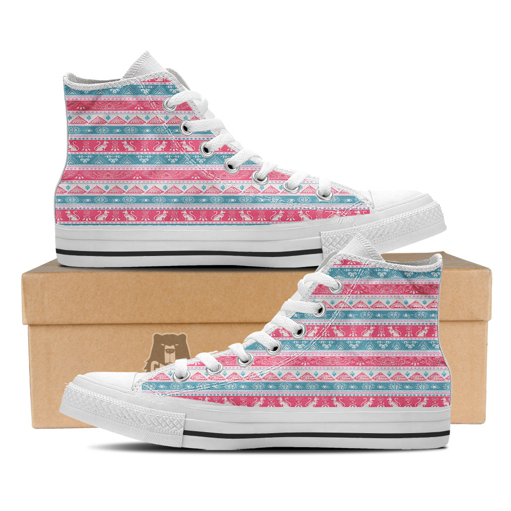 Tribal Ethnic Pink Blue Egypt Print Pattern White High Top Shoes-grizzshop
