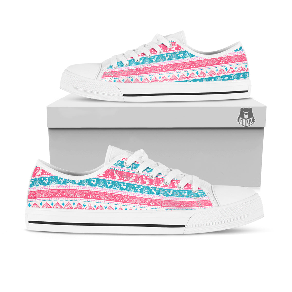 Tribal Ethnic Pink Blue Egypt Print Pattern White Low Top Shoes-grizzshop