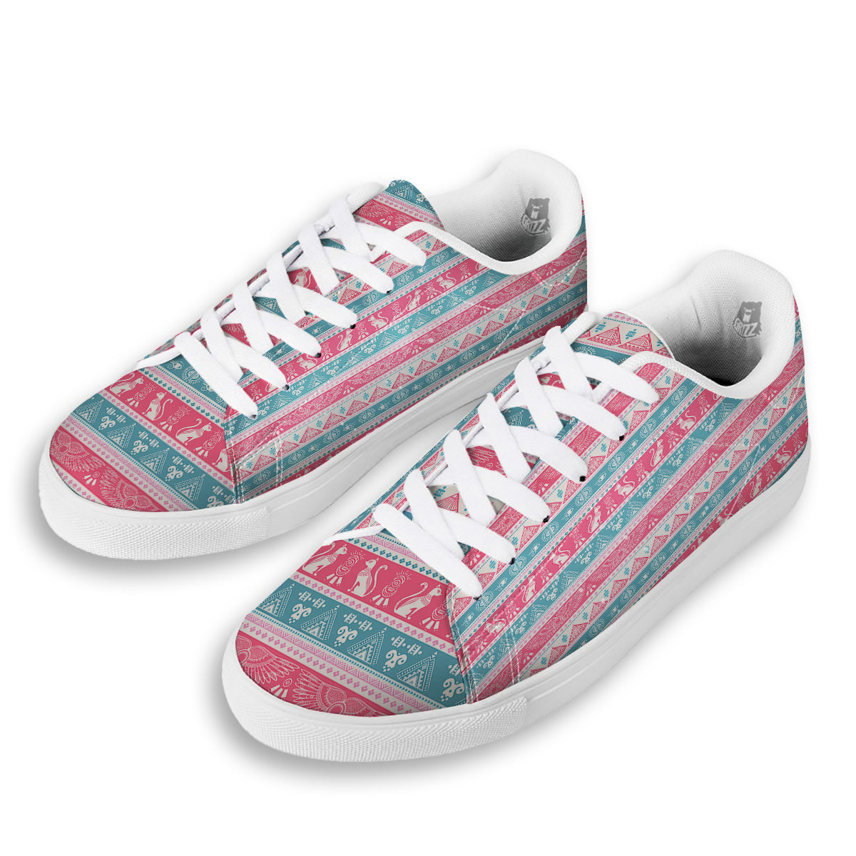 Tribal Ethnic Pink Blue Egypt Print Pattern White Low Top Sneakers-grizzshop