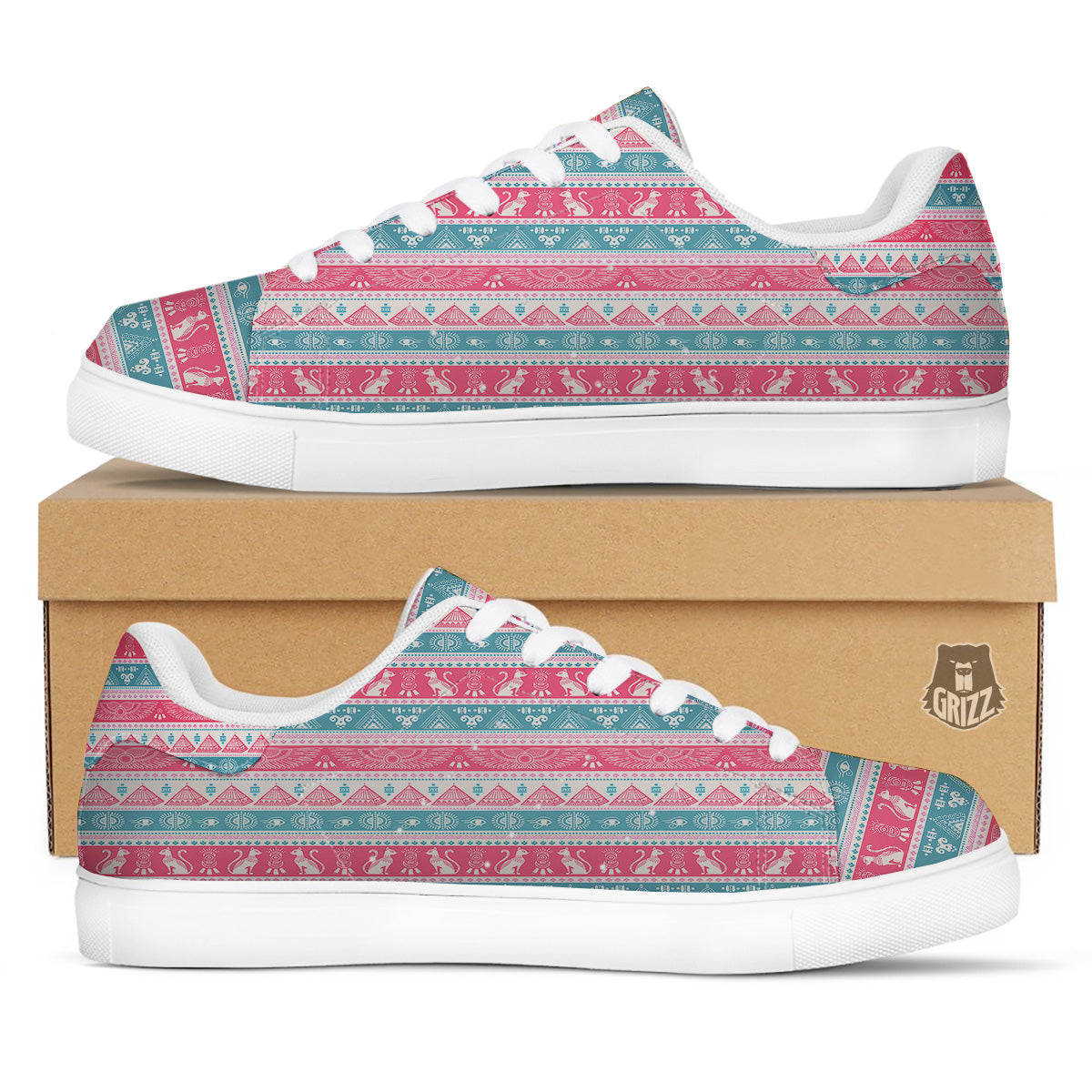 Tribal Ethnic Pink Blue Egypt Print Pattern White Low Top Sneakers-grizzshop