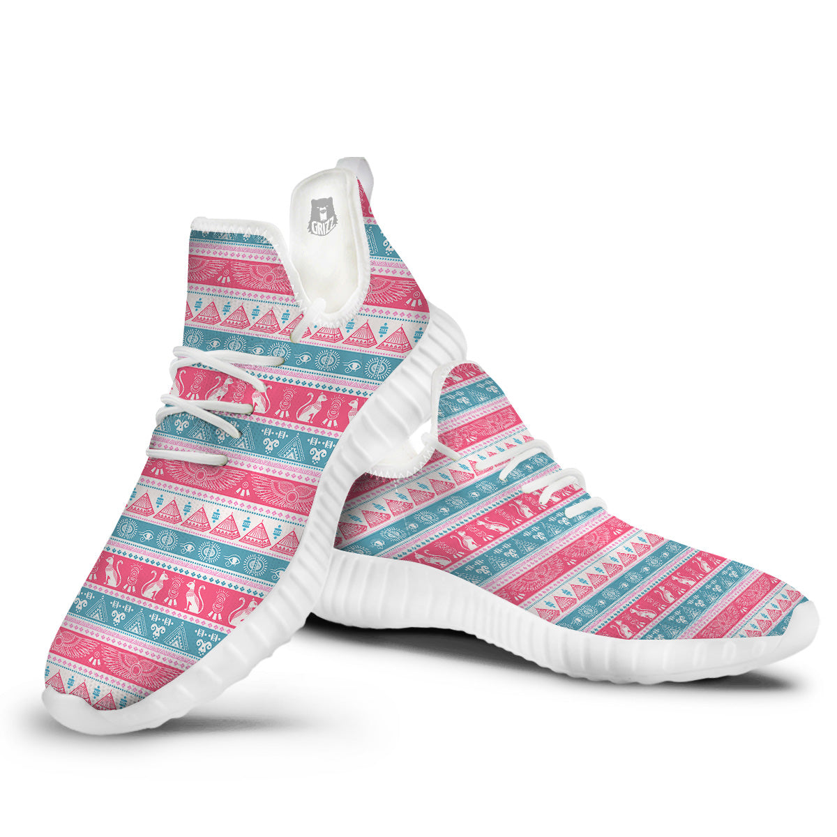 Tribal Ethnic Pink Blue Egypt Print Pattern White Walking Shoes-grizzshop