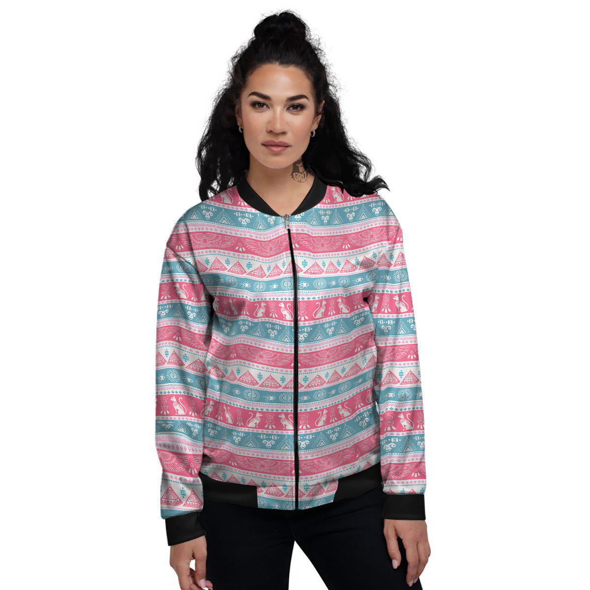 Tribal Ethnic Pink Blue Egypt Print Pattern Women's Bomber Jacket-grizzshop