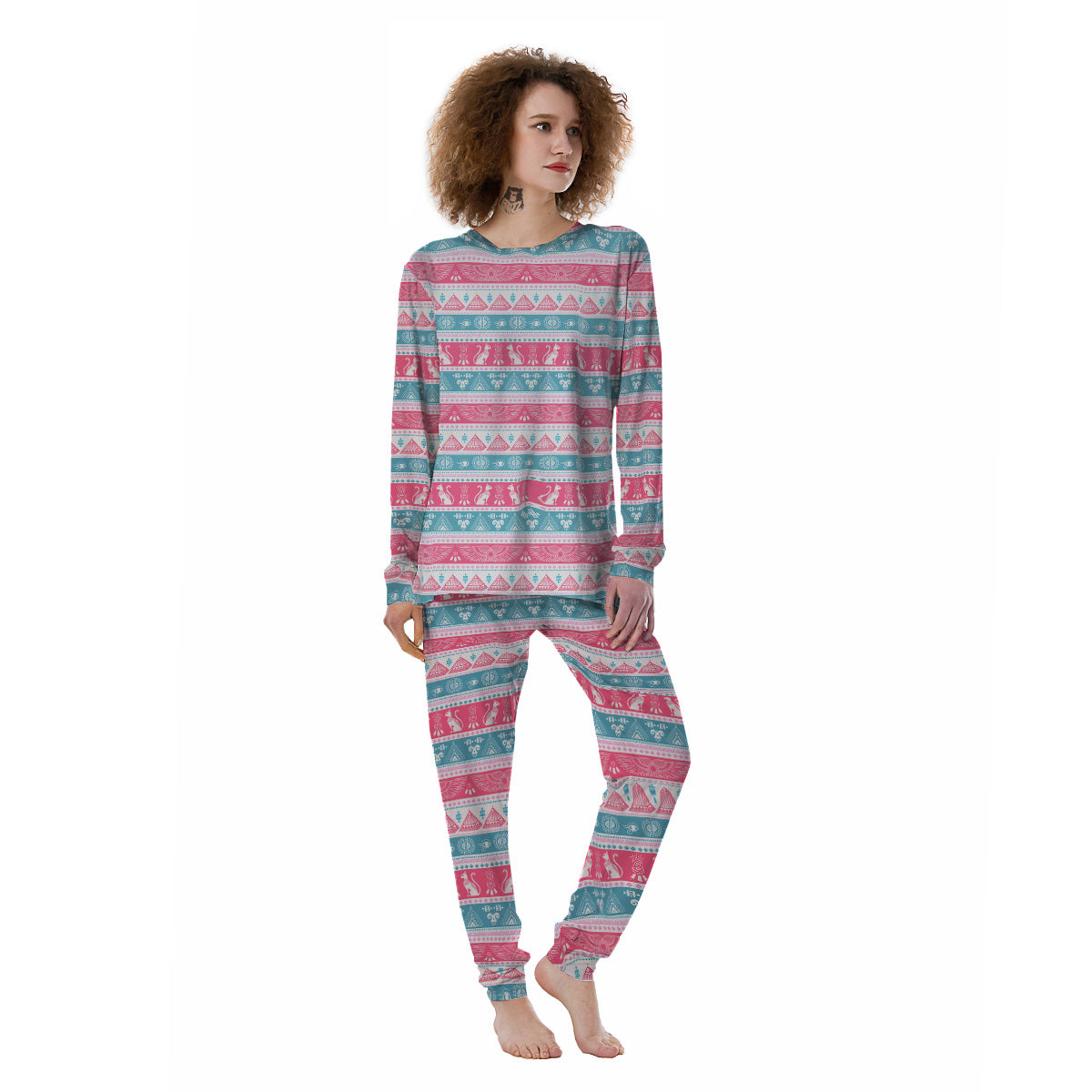 Tribal Ethnic Pink Blue Egypt Print Pattern Women's Pajamas-grizzshop