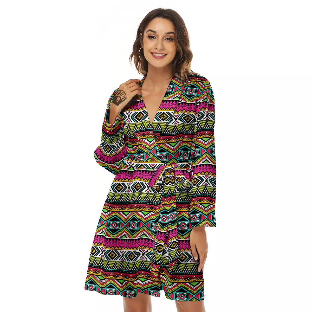 Tribal Geometric Colorful Print Pattern Women's Robe-grizzshop