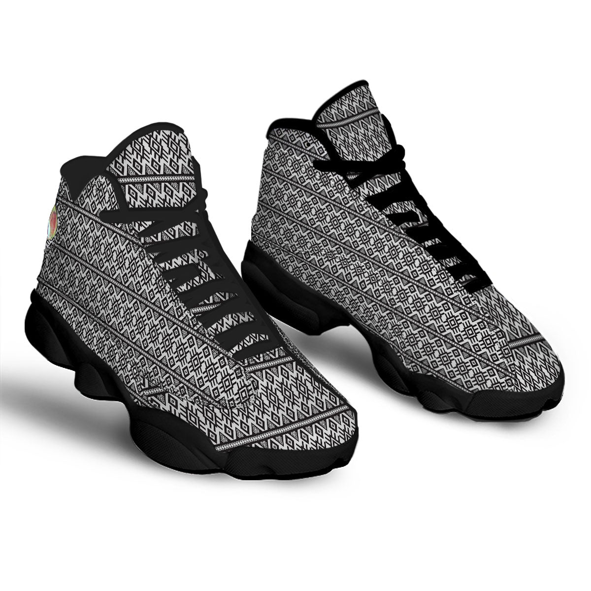 Tribal Geometric White And Black Print Black Basketball Shoes-grizzshop