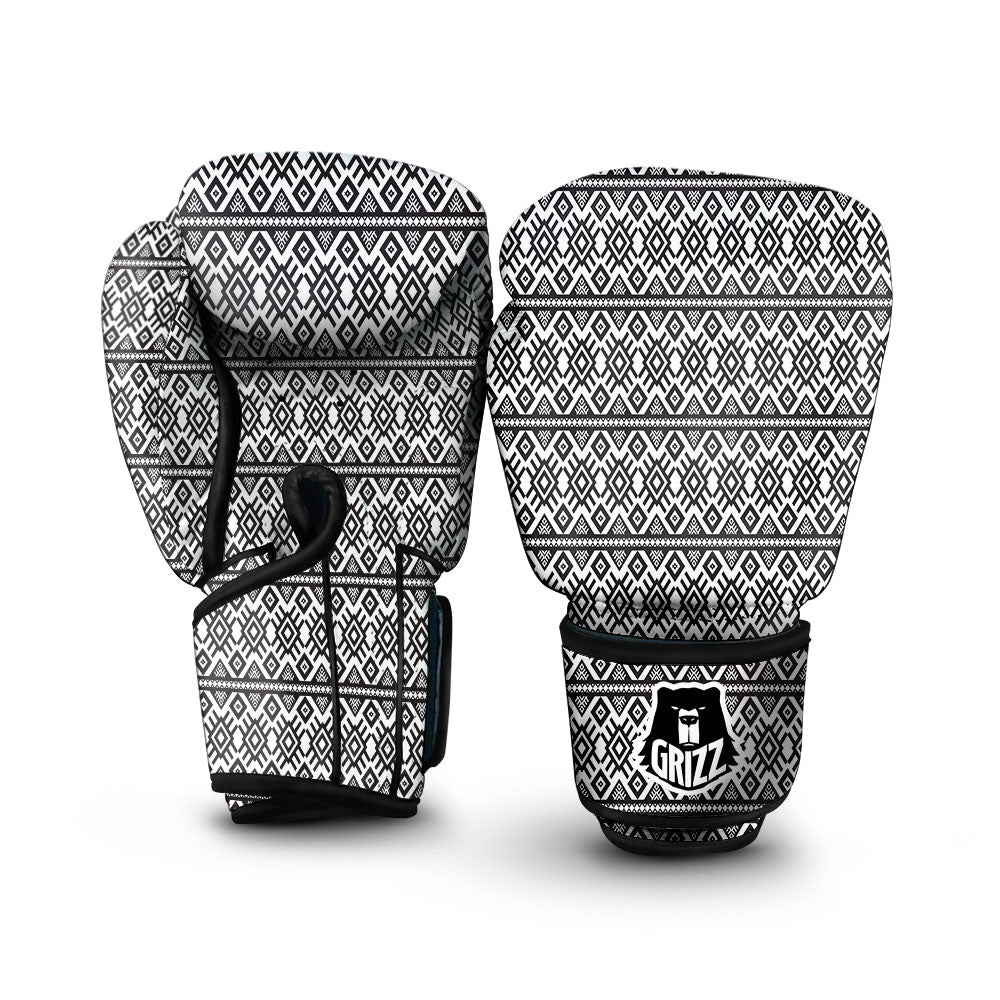 Tribal Geometric White And Black Print Boxing Gloves-grizzshop