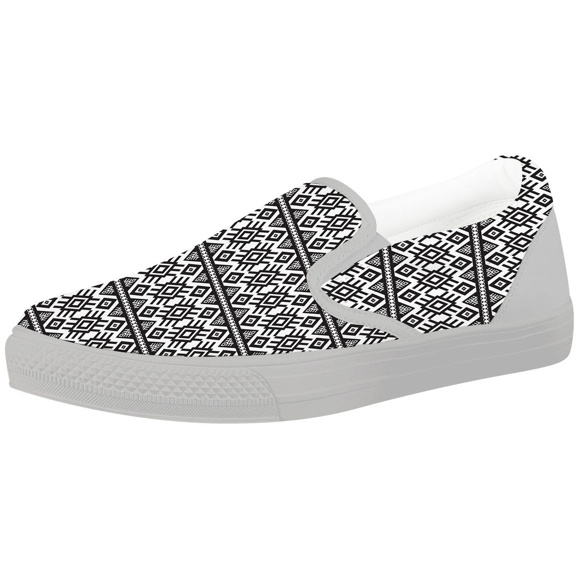 Tribal Geometric White And Black Print White Slip On Shoes-grizzshop