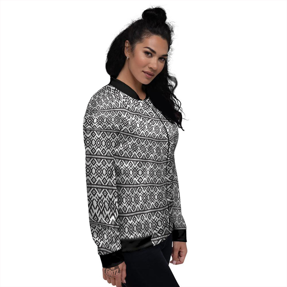 Tribal Geometric White And Black Print Women's Bomber Jacket-grizzshop