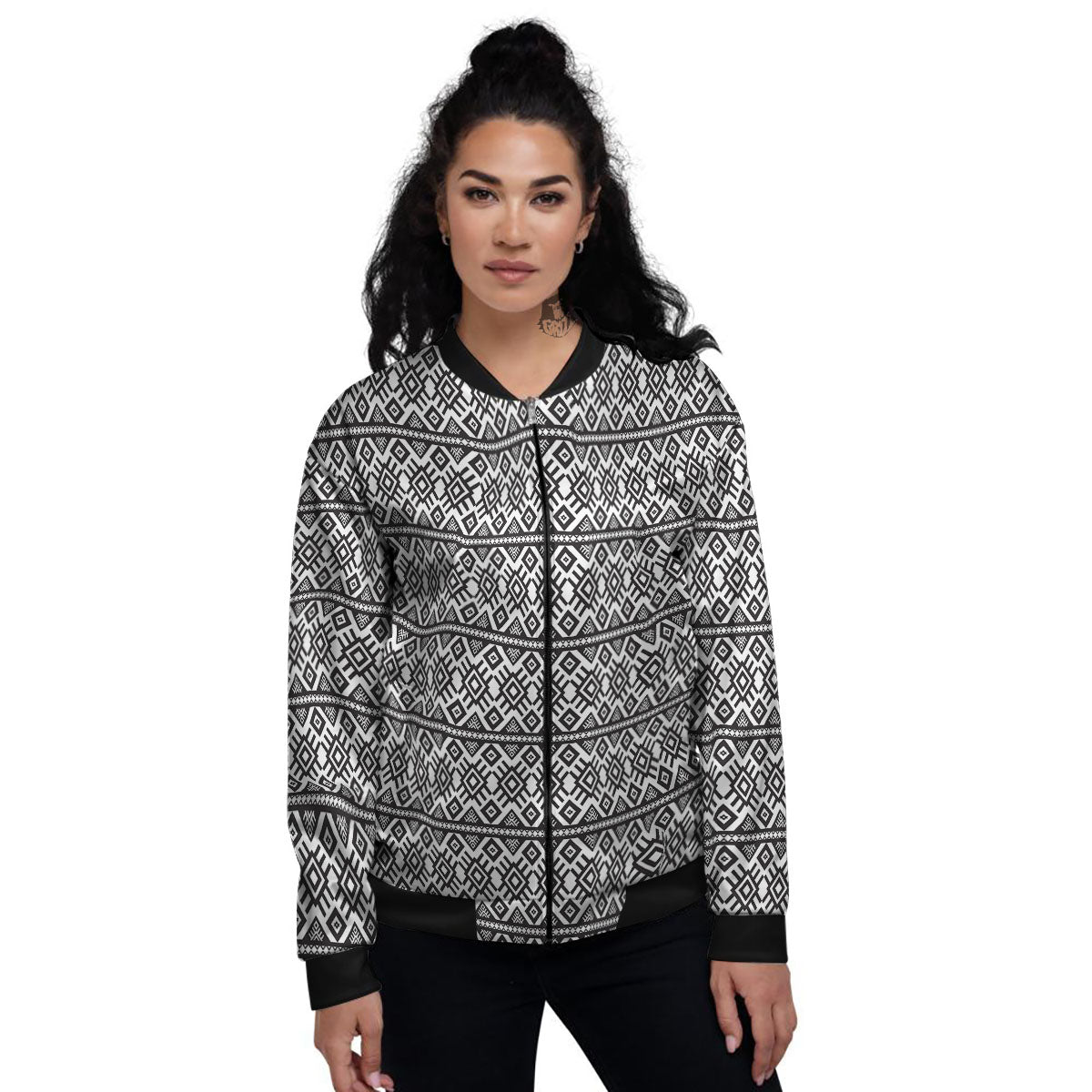 Tribal Geometric White And Black Print Women's Bomber Jacket-grizzshop