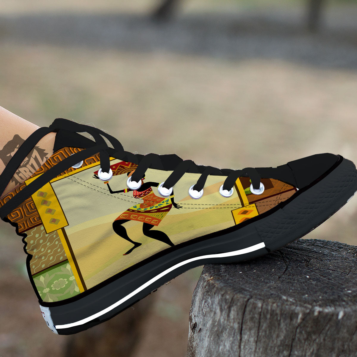 Tribal Inspired African Ethnic Print Black High Top Shoes-grizzshop