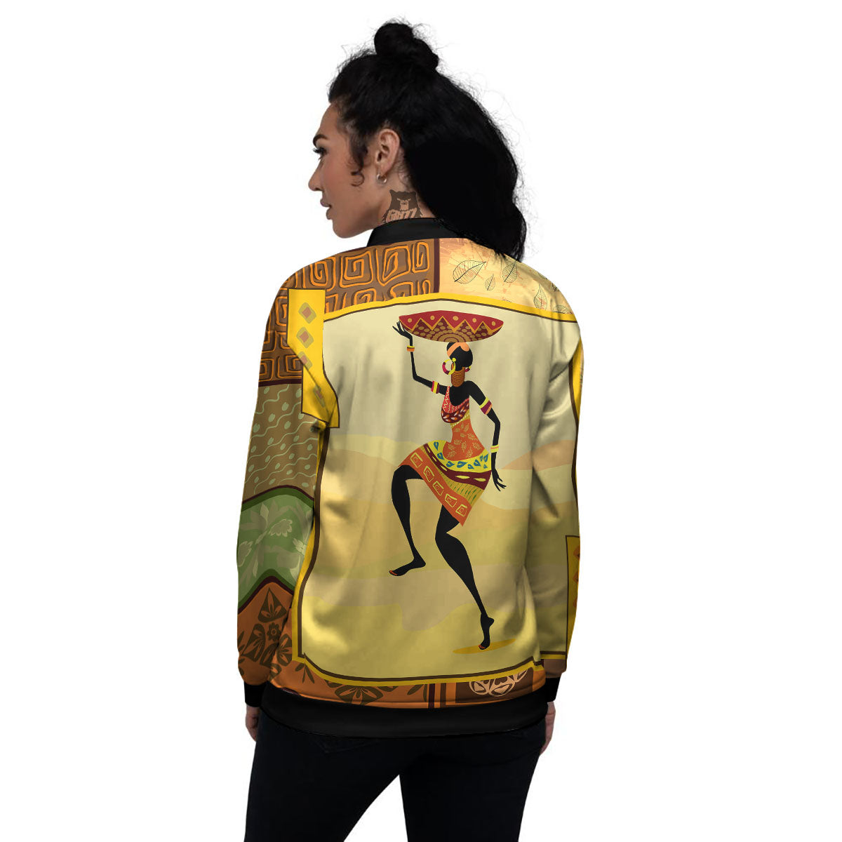 Tribal Inspired African Ethnic Print Women's Bomber Jacket-grizzshop