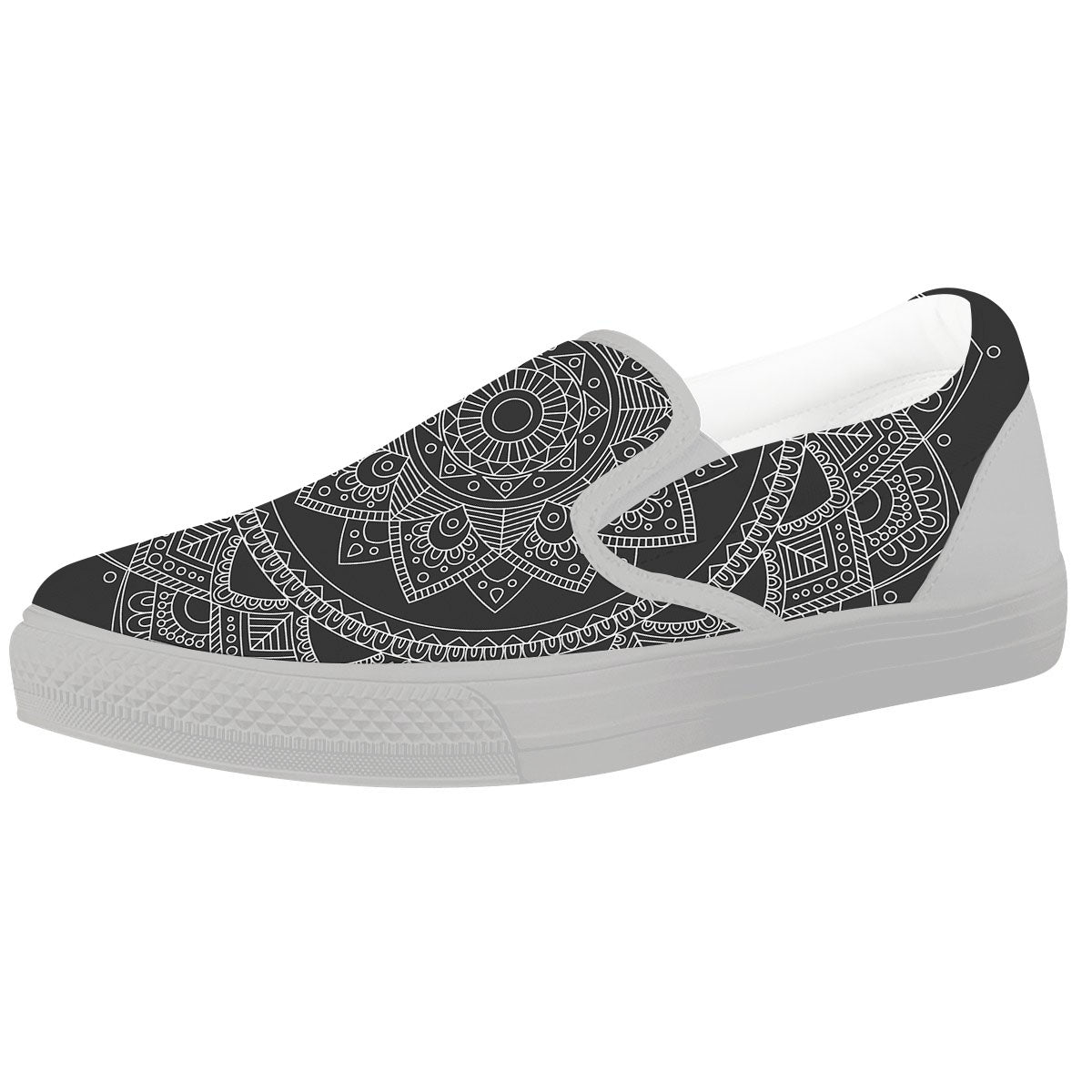 Tribal Mandala White And Black Print White Slip On Shoes-grizzshop