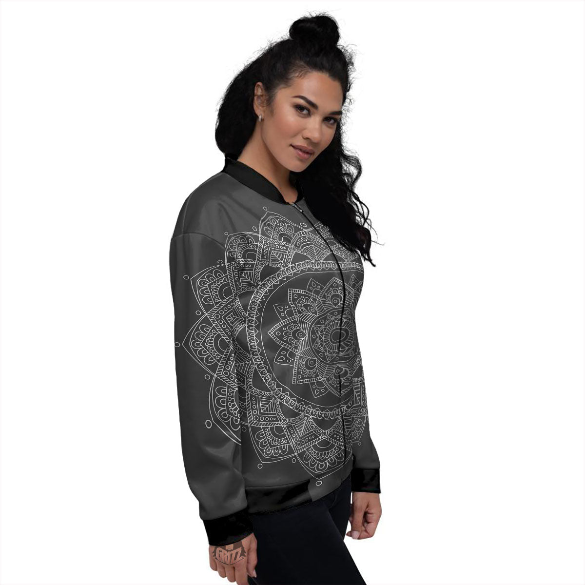 Tribal Mandala White And Black Print Women's Bomber Jacket-grizzshop