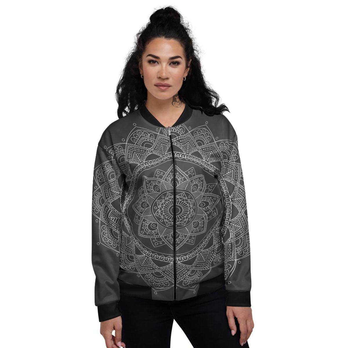 Tribal Mandala White And Black Print Women's Bomber Jacket-grizzshop