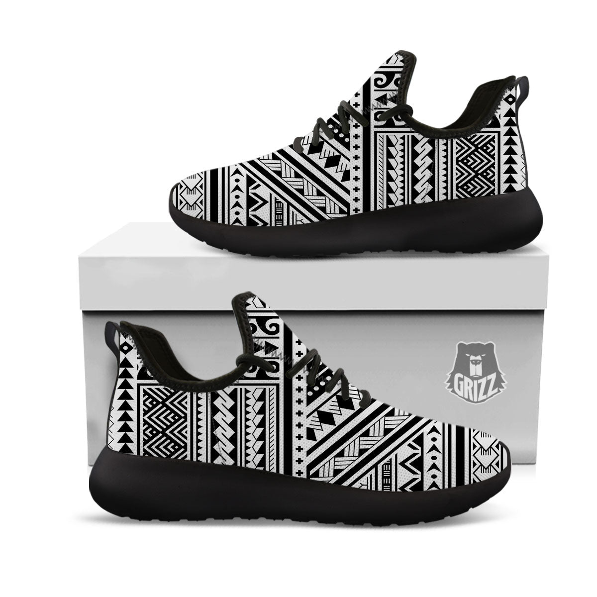 Tribal Maori Polynesian Tattoo Print Black Athletic Shoes-grizzshop