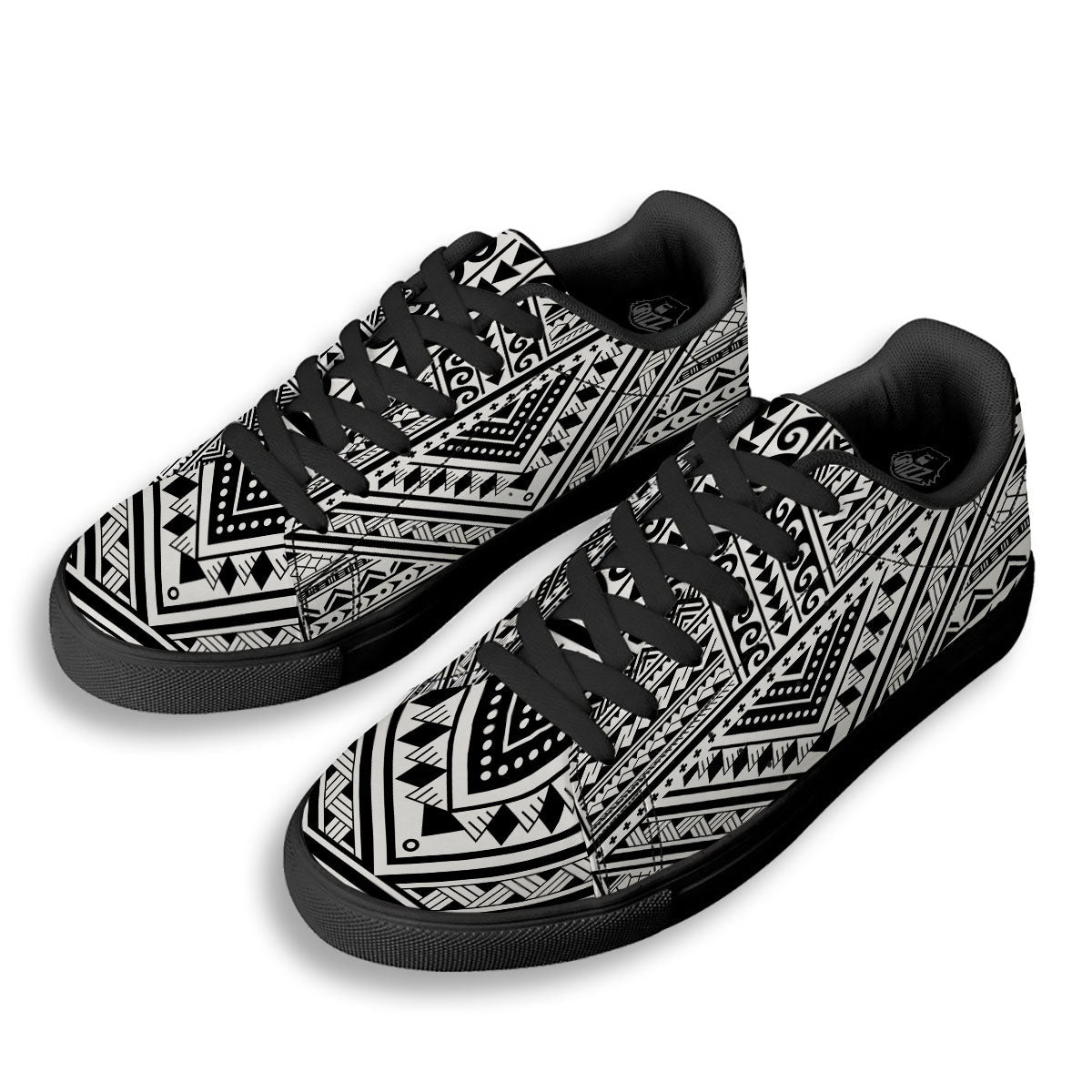 Tribal Maori Polynesian Tattoo Print Black Low Top Sneakers-grizzshop