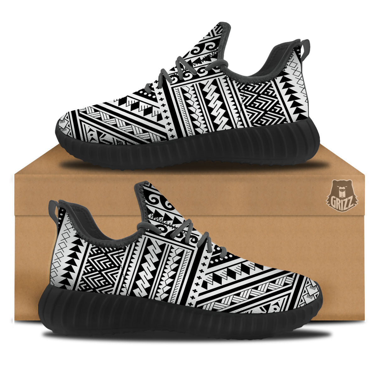Tribal Maori Polynesian Tattoo Print Black Walking Shoes-grizzshop