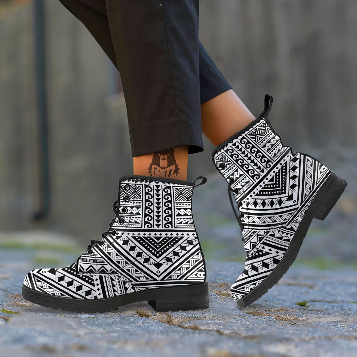 Tribal Maori Polynesian Tattoo Print Leather Boots-grizzshop