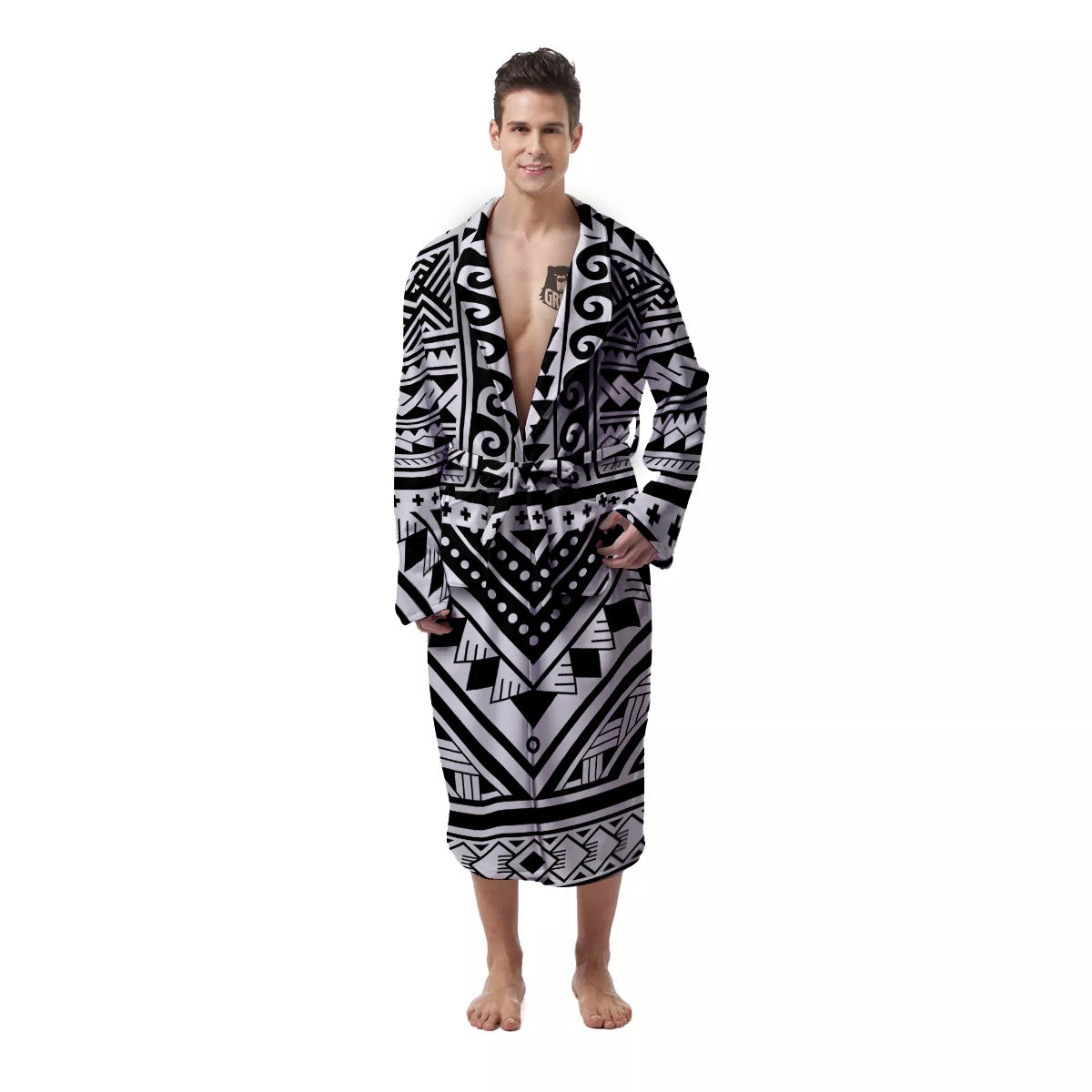 Tribal Maori Polynesian Tattoo Print Men's Robe-grizzshop