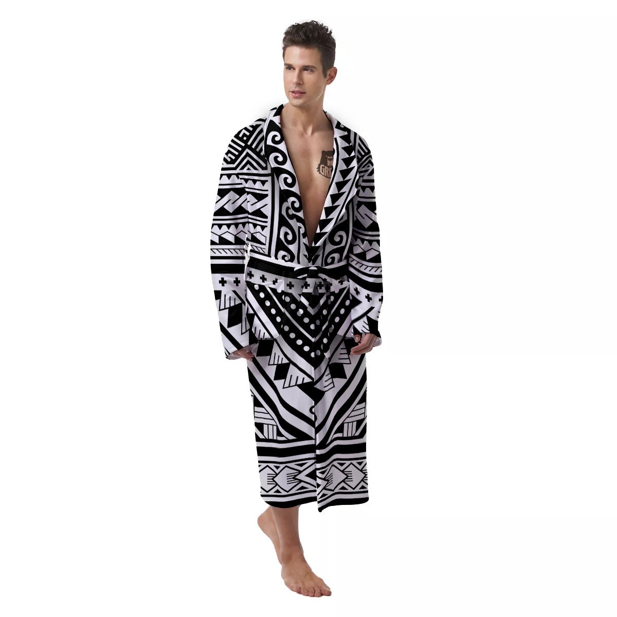 Tribal Maori Polynesian Tattoo Print Men's Robe-grizzshop