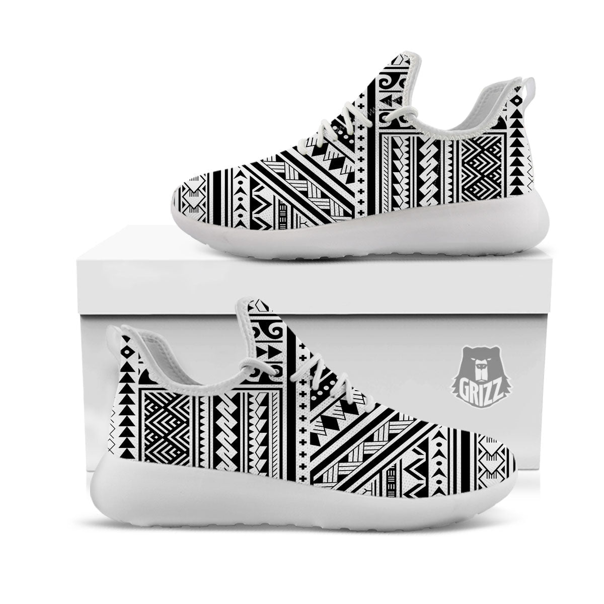 Tribal Maori Polynesian Tattoo Print White Athletic Shoes-grizzshop
