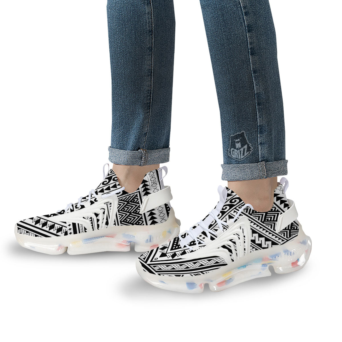 Tribal Maori Polynesian Tattoo Print White Gym Shoes-grizzshop
