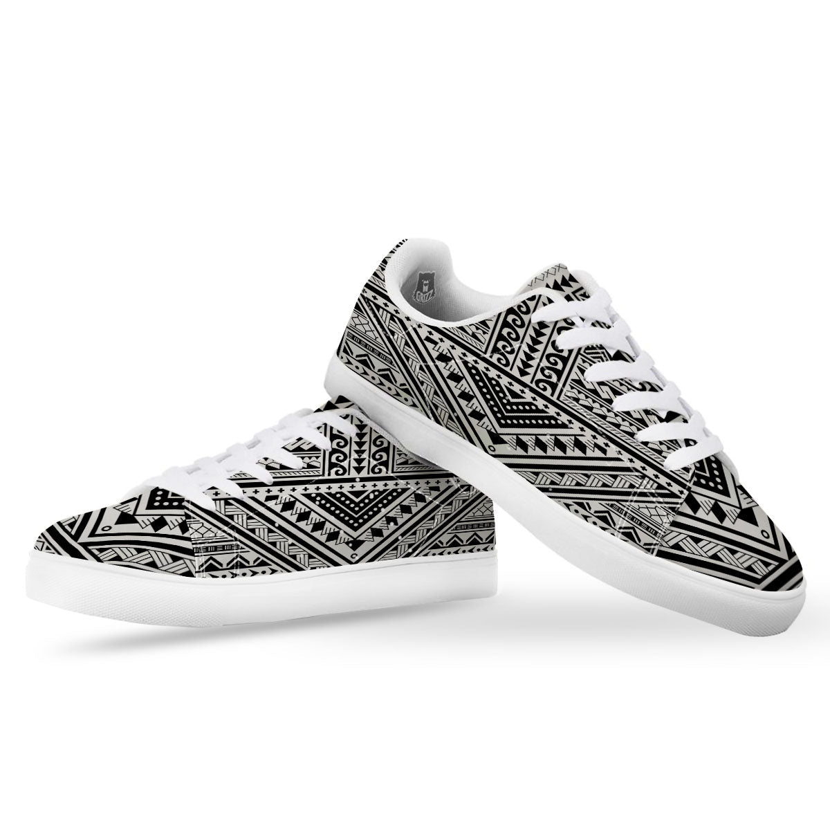 Tribal Maori Polynesian Tattoo Print White Low Top Sneakers-grizzshop