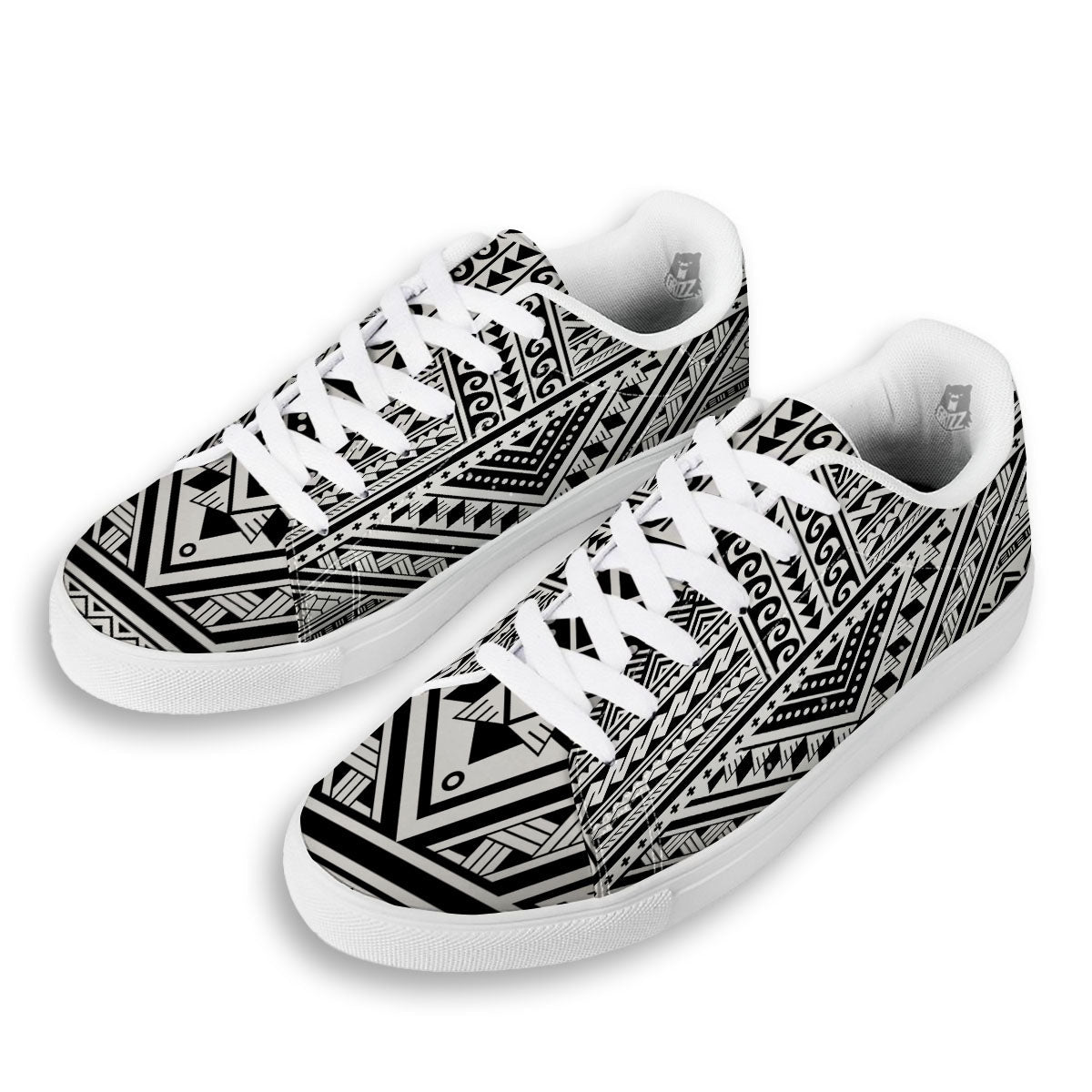 Tribal Maori Polynesian Tattoo Print White Low Top Sneakers-grizzshop